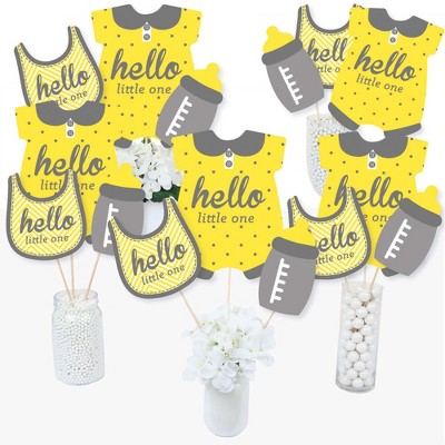 Big Dot of Happiness Hello Little One - Yellow and Gray - Neutral Baby Shower Centerpiece Sticks - Table Toppers - Set of 15