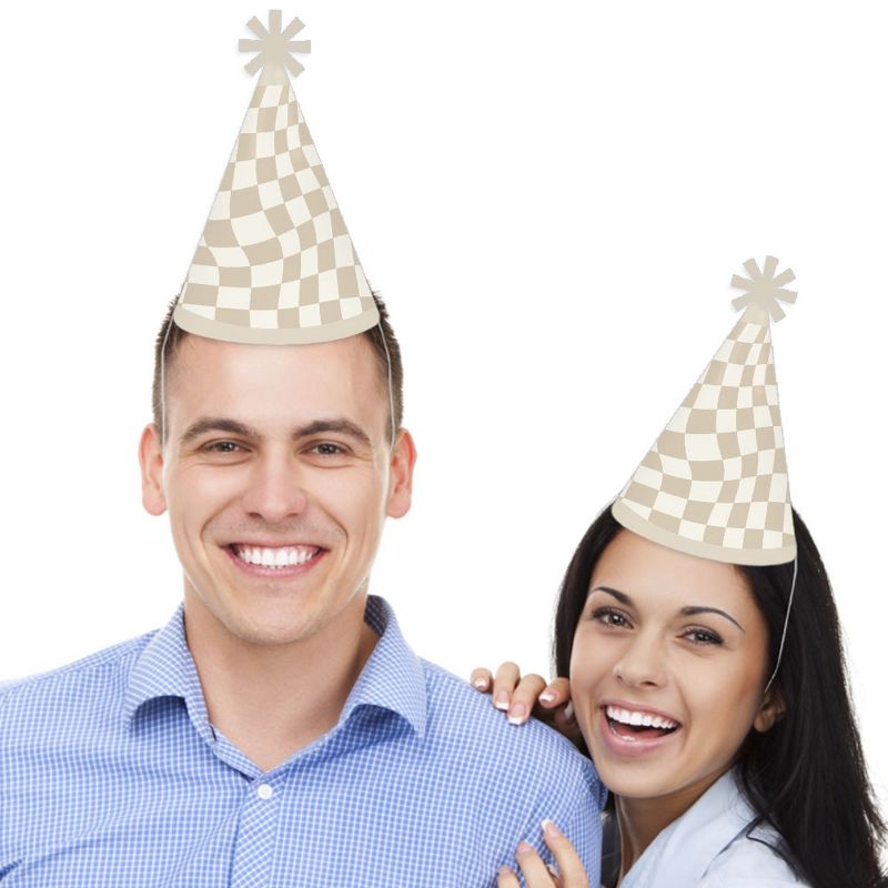 Big Dot of Happiness Tan Checkered Party - Cone Happy Birthday Party Hats for Kids and Adults - Set of 8 (Standard Size), 2 of 8