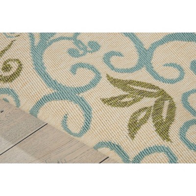 Ivory and Blue Floral Synthetic 9'3" x 12'9" Round Area Rug