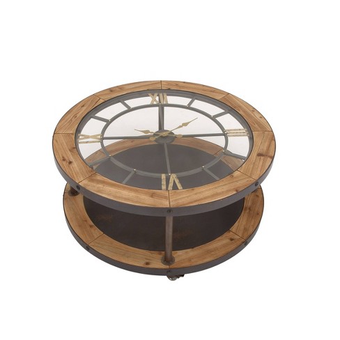 Industrial Wood Coffee Table Light, Industrial Metal Round Clock Coffee Table