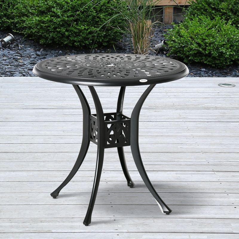 Outsunny 30" Round Patio Dining Table with Umbrella Hole, Antique Cast Aluminum Outdoor Bistro Table, Black, 3 of 7