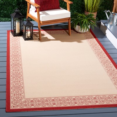 Natural and Red Square Synthetic Indoor/Outdoor Area Rug