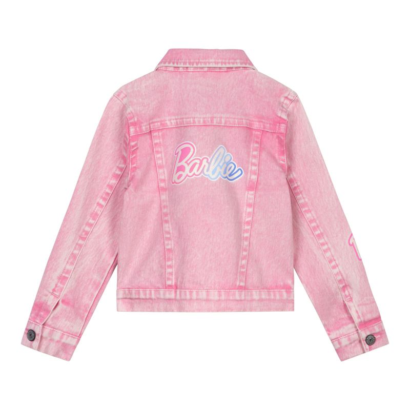 Barbie Little Girls' Glitter Graphic Button Front Denim Coat Acid Wash Pink 4