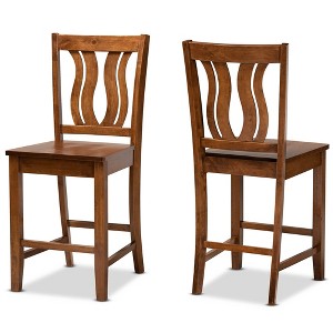 Baxton Studio 2pc Fenton Wood Counter Height Barstools Set Walnut/Brown: Upholstered Polyester, Oval Shape - 1 of 4