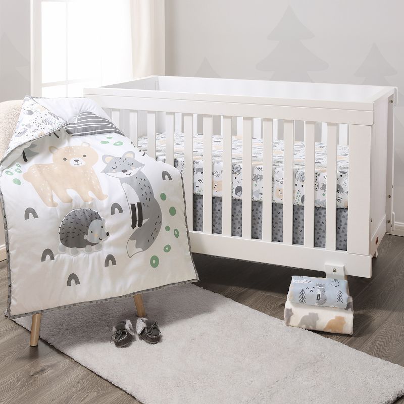 The Peanutshell 5-Piece Woodscape Baby Crib Bedding Set for Boys and Girls with Extra Sheet, Quilt and Blanket, 1 of 11