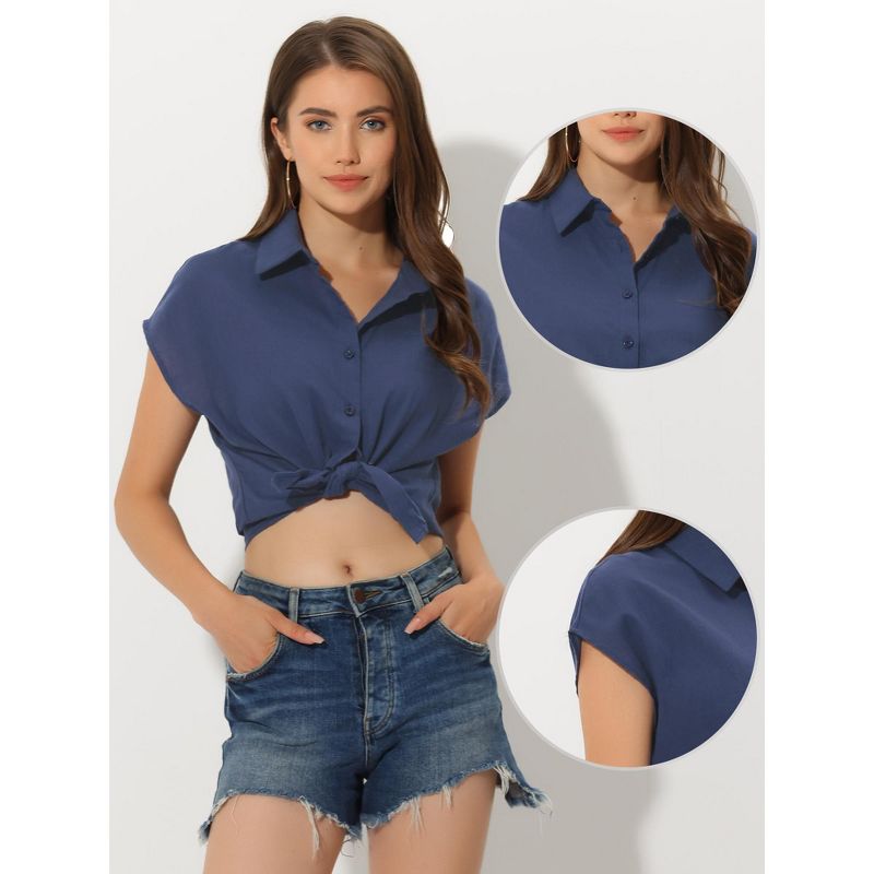 Allegra K Women's Casual Summer Linen Button Down Cap Sleeve Cotton Collar Shirts, 2 of 6