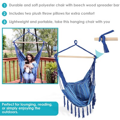 Blue Striped Polyester Hanging Hammock Chair with Cushions
