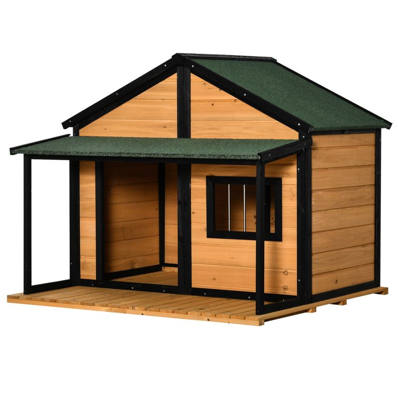 PawHut Outdoor Dog House Cabin Style, Wooden Raised Pet Kennel with Asphalt Roof, Front Door, Side Window, Porch for Medium/Large Dogs, Loading 53 Lbs, 4 of 7