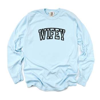 Simply Sage Market Women's Embroidered Wifey Arched Varsity Long Sleeve Garment Dyed Tee