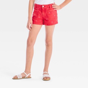 Girls' Mid-Rise Star Embroidered Denim Shorts - Cat & Jack™ Red - 1 of 4