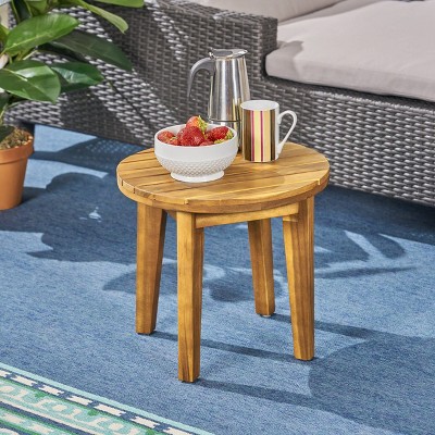CAVINAS 16" Acacia Wood Outdoor Side Table,Rustic Patio End Table with Slatted Design,Weather-Resistant Small Outdoor Table for Garden,Balcony,Teak