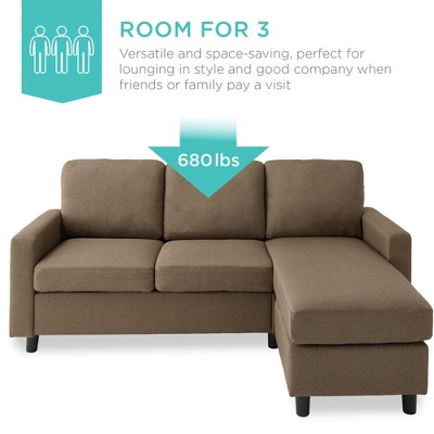 Brown Linen Sectional Sofa with Reversible Ottoman and Wood Frame