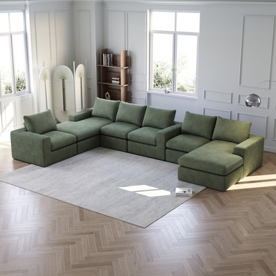 Oversized Corduroy Cloud 6-Module Sectional Sofa with Chaise, U-Shaped Modern Upholstered Sofa, Neck Pillows, High-Density Foam, No Assembly Needed