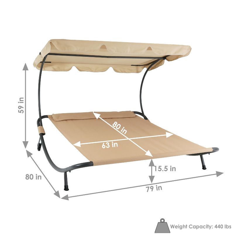 Sunnydaze Outdoor Double Chaise Lounge Bed with Canopy Shade and Headrest Pillows, Beige, 4 of 10