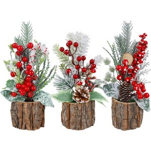3 Pack 11.5 Inch Small Artificial Xmas Tree Centerpieces with Red Berries & Pine Cones - 1 of 4