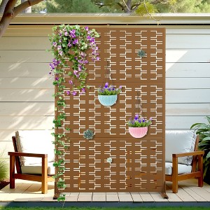 TOAOTBNBO Metal Privacy Screen with Stand, Decorative Privacy Fence Panels with Brick Pattern, Outdoor Privacy Screen for Garden, Brown - 1 of 4