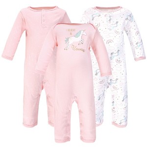 Hudson Baby Infant Girl Cotton Coveralls 3pk, Glitter Unicorn - 1 of 4