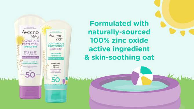 Aveeno Baby Continuous Protection Sensitive - Zinc Oxide with Broad Spectrum Skin Lotion Sunscreen - SPF 50 - 3 fl oz, 2 of 9, play video
