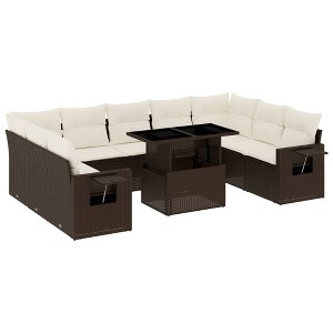 vidaXL 10 Piece Patio Sofa Set with Cushions Brown and Cream Poly Rattan - Without Storage - 1 of 4