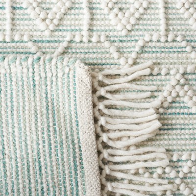 Ivory and Light Green Wool Flat Woven Runner Rug, 2'3" x 8'
