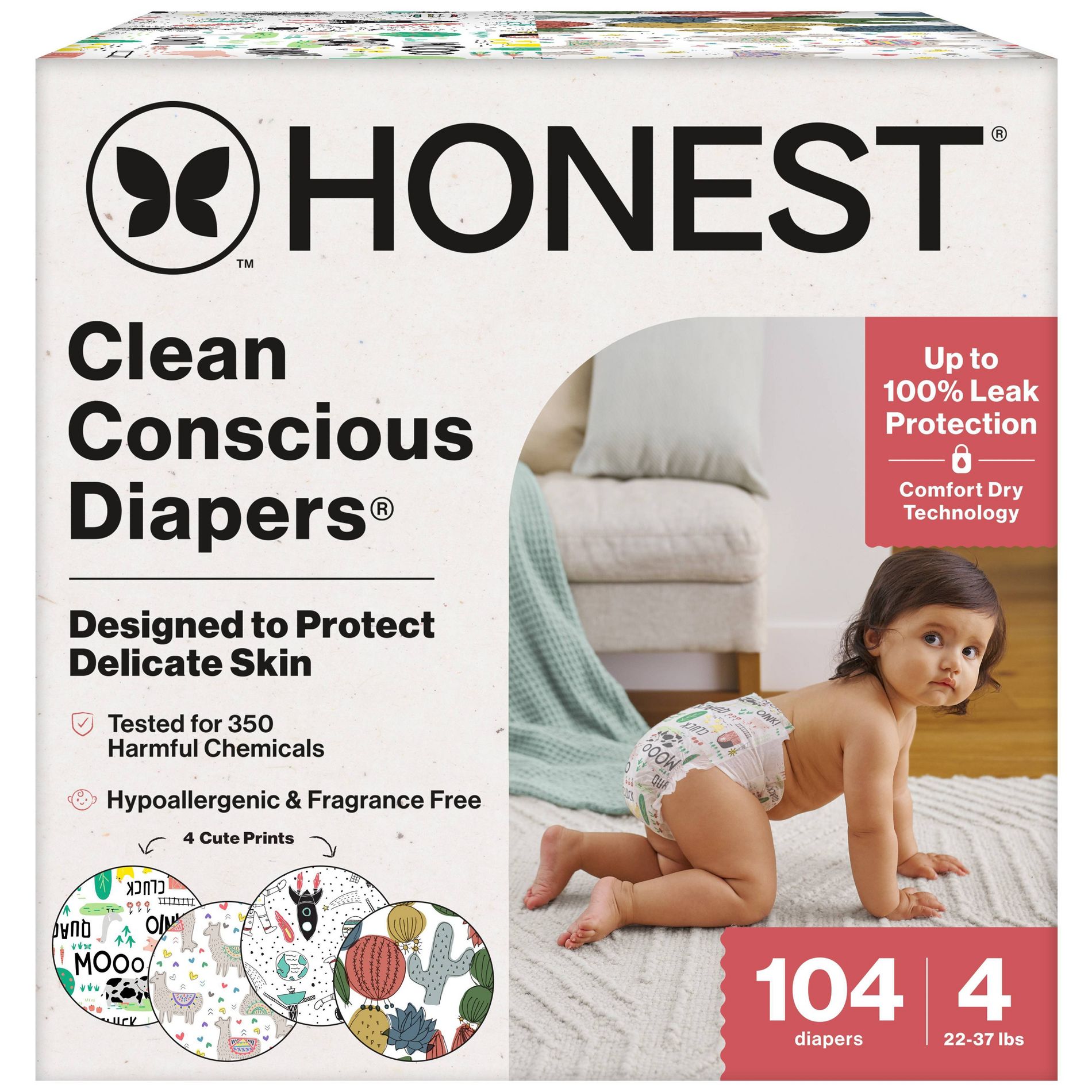 The Honest Company Clean Conscious Disposable Diapers - Four Print Pack - Size 4 - 104ct