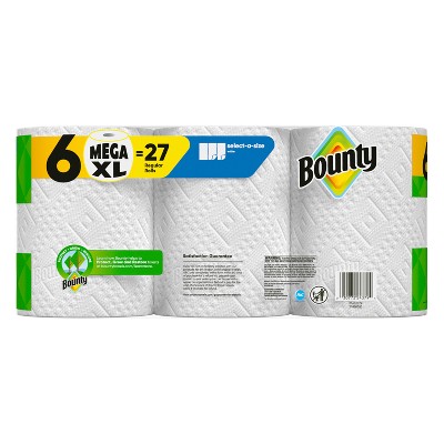 Bounty Select-A-Size Paper Towels - 6 Mega XL Rolls - 2-Ply - 185 Sheets