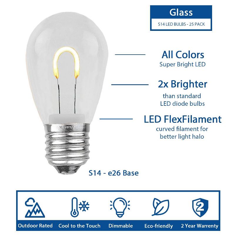 Novelty Lights S14 Hanging LED String Light Flex Filament Replacement Bulbs E26 Medium Base 1 Watt, 5 of 6