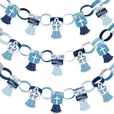 Big Dot of Happiness Blue Elegant Cross - 90 Chain Links and 30 Paper Tassels Decoration Kit - Boy Religious Party Paper Chains Garland - 21 feet