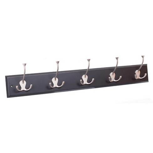 BirdRock Home Tri Hook Coat Rack - 5 Hooks - Wall Mount Hat Rack - Black  Finish - Satin Nickel Hooks