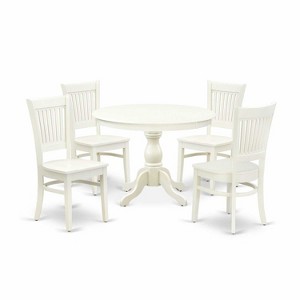 HomeStock 5-Piece Round Linen White Finish Solid Wood Top Dining table with 4 Chairs with Slat Back - 1 of 4