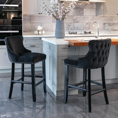 INFURNIC Counter and Bar Stools Velvet Wing Back Barstools with Tufted Back and Chrome Nailhead Trim for Kitchen, Black, 22"*19"*37"