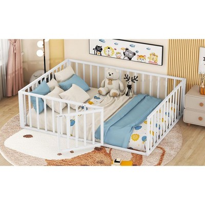 Kumasinova Twin/Full/Queen Size Metal Floor Bed with Safety Guardrails&Gate,Montessori Floor Bed,No Slats,Sturdy Metal Bed Frame for Kids