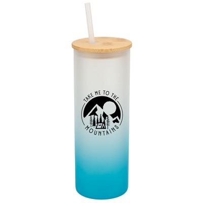Elanze Designs Take Me To The Mountains Wrap-Around Design 25 Ounce Frosted Gradient Glass On-The-Go Coffee Travel Skinny Tumbler Mug Cup, Bamboo Lid