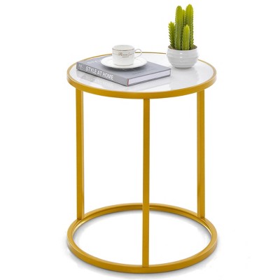 Tangkula Marble Top Round Side Table 16"x16" End Table w/ Golden Metal Frame Gold