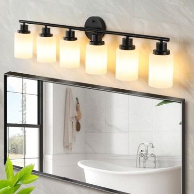 24.40"Modern 4-Light Vanity Bathroom Mirror Light, Frosted White Glass with Black Iron Frame, Contemporary Wall Sconce (No Bulbs)
