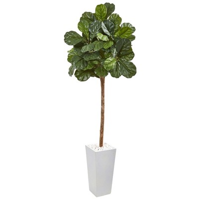 Nearly Natural 75-in Fiddle Leaf Fig Artificial Tree in White Planter