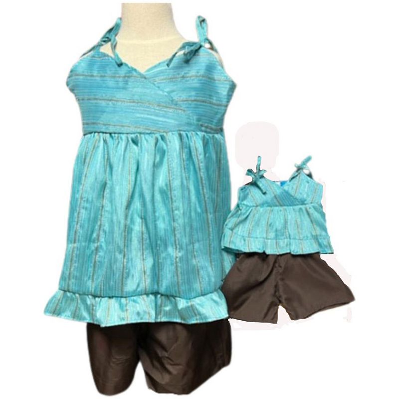 Matching Girl And Doll Size 7 Brown Short Set With Blue Top, 1 of 4