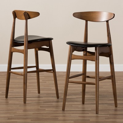 Set of 2 Walnut & Black Leather Mid-Century Barstools