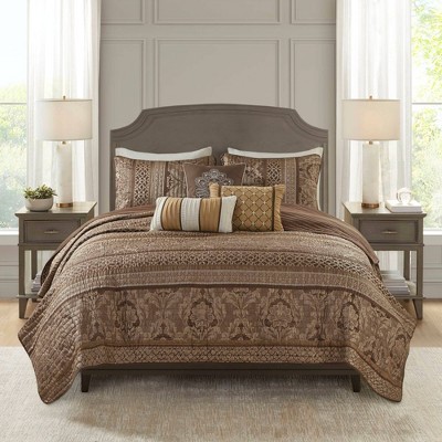 Full Brown Reversible Jacquard Coverlet Set with Shams and Pillows