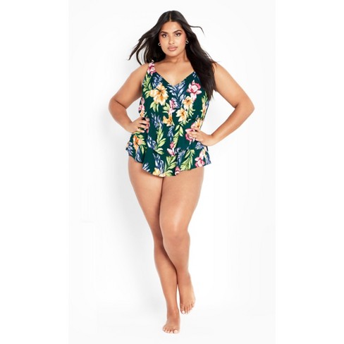 Floral Line Print Handerchief Hem Front Lined Tankini Top, Bikinis &  Tankinis