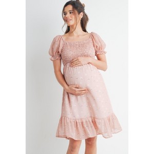 Hello Miz Women's Floral Smocked Empire Waist Knee-Length Maternity Dress - Blush - Small