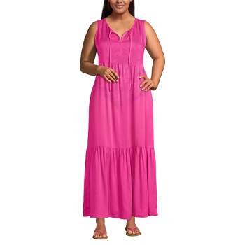 Lands' End Women's Plus Size Sheer Sleeveless Tiered Maxi Swim Cover-up Dress - 3X - Prism Pink
