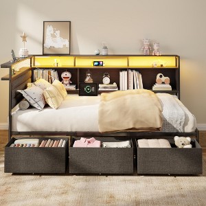 Corner Bed Frame with Storage Bookcase and LED Lights Twin Size Bed Frames with Upholstered Headboard and Charging Station bed with 3 Storage Drawers - 1 of 4