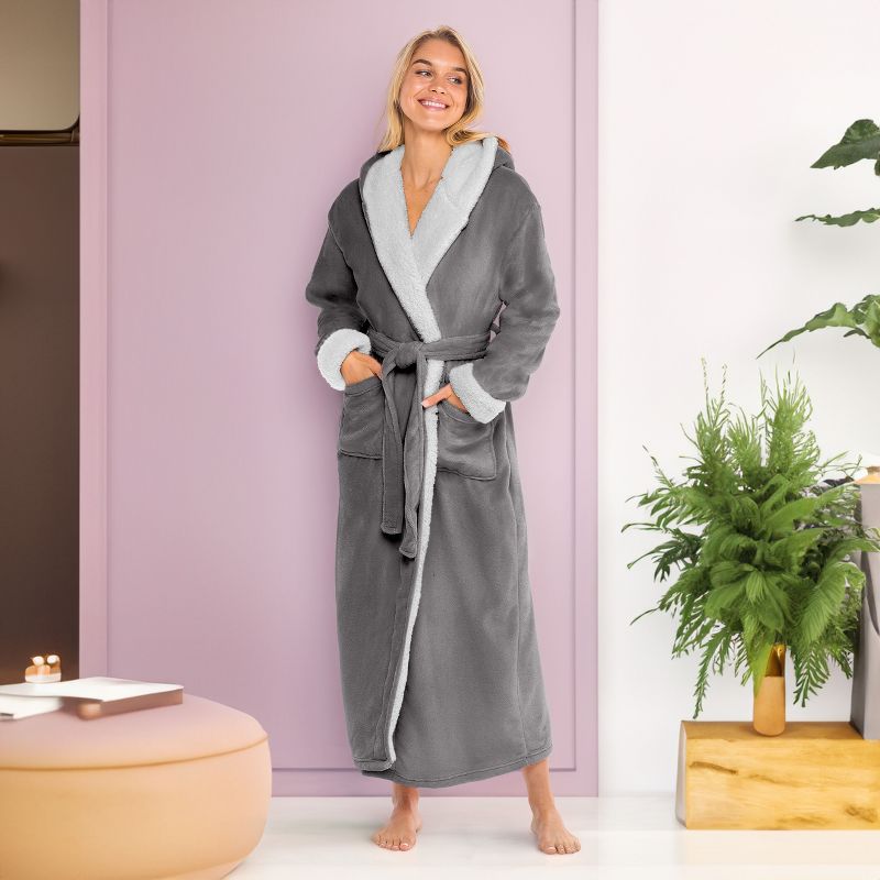 ADR Women's Plush Lounge Robe with Hood, Full Length Hooded Bathrobe, 3 of 8