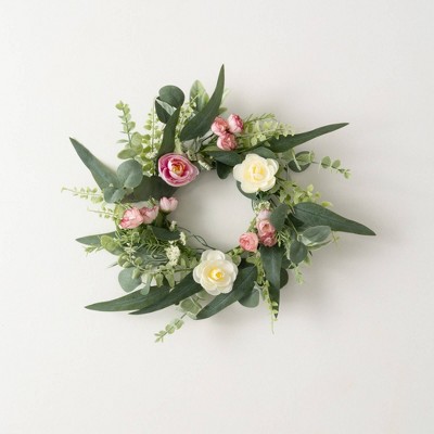 Sullivans Artificial Ranunculus Mini Blossom Wreath 16.5"H; Pink