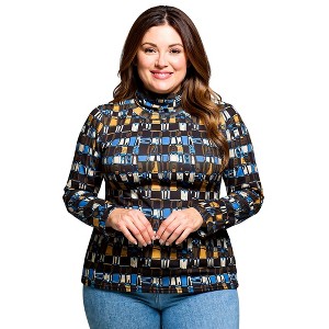 24seven Comfort Apparel Plus Size Mock Neck Long Sleeve Printed Top - 1 of 3