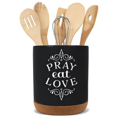 Elanze Designs Pray Eat Love Black X-Large Cork Bottom Kitchen Utensil Holder
