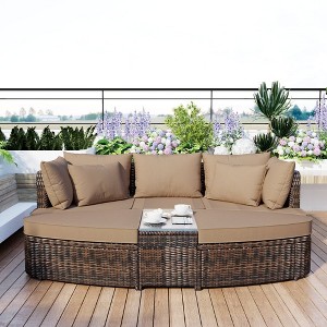 SKRAN 6-Piece Patio Outdoor Conversation Round Sofa Set, PE Wicker Rattan Separate Seating Group with Coffee Table, Brown - 1 of 4