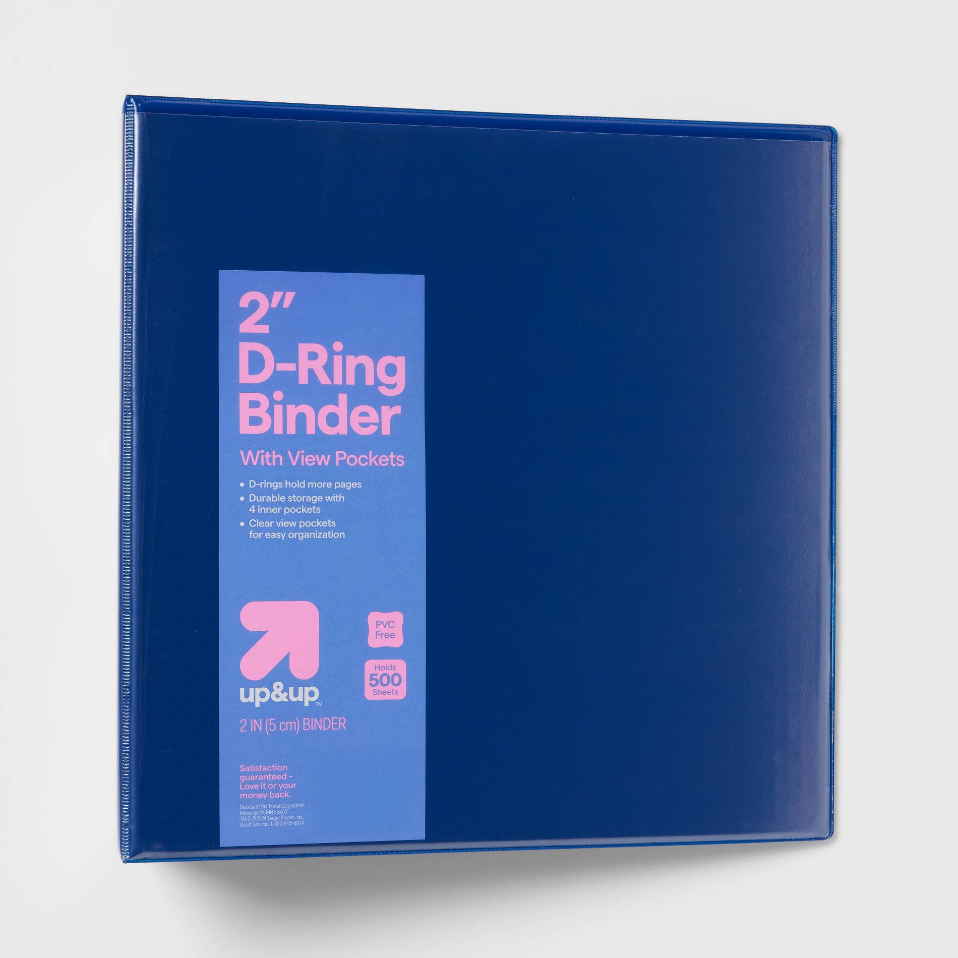 2" 3 Ring Binder Clear View Blue - up&up™: 500 Sheet Capacity, D Rings, Internal Pockets, Polypropylene