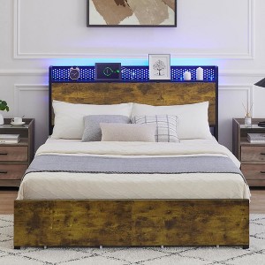 Whizmax Bed Frame with LED Lights Headboard and 6 Drawers, Metal Platform Bed with Outlets and USB Ports, Easy Assembly, Brown - 1 of 4